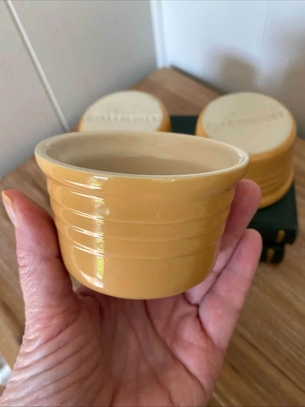 3 Le Creuset Stoneware Ramekin Set Baking Dishes France Kitchen Bakeware Yellow